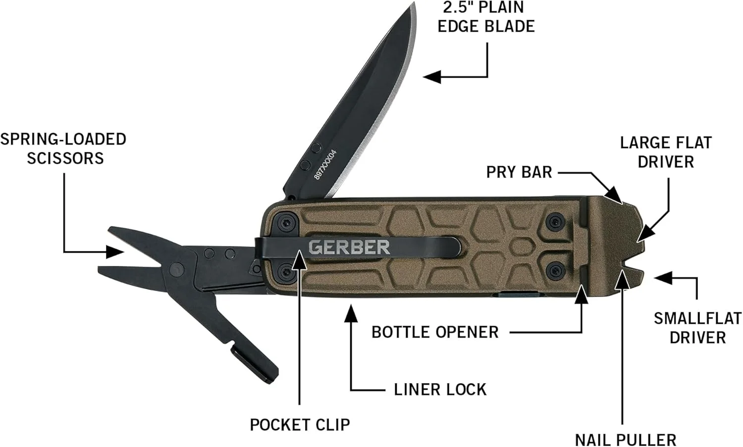 ابزار چندکاره 7 در 1 Gerber Gear Lockdown Slim Pry - تیغه لبه صاف 2.5 اینچی، قیچی، اره - تجهیزات EDC - برنز سوخته