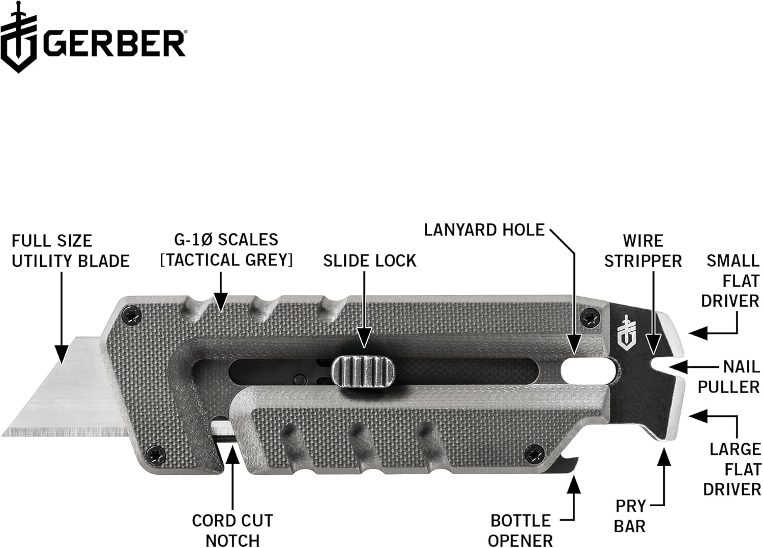 Gerber Gear Prybrid Utility Knife - 8-in-1 Multi-Tool with Pry Bar, Nail Puller, Wire Stripper, Drivers, Bottle Opener, Cord Cutter - EDC Knife - Grey G10 Handle