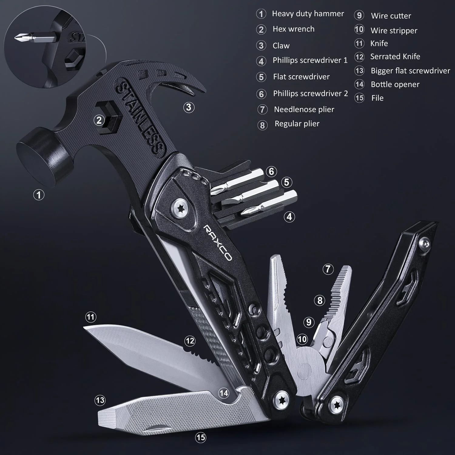 RAXCO Multi-tool Claw Hammer, 15-in-1 Stainless Steel Hand Tool with Pocket Clip & Cut Resistant Gloves, Father Day Husband Boyfriend Multitool Gadgets for Men(6.41×2.83×1inch)