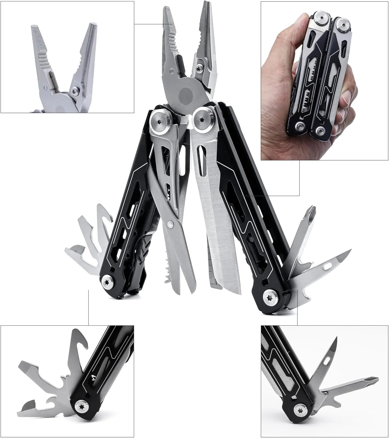RUSH DEER Multi-Tool 18-in-1 Essential Survival Tools and Multitools Plier- Gift for Men-Versatile Camping Tool Kit-ultimate versatile toolkit For DIY, Outdoor-Black