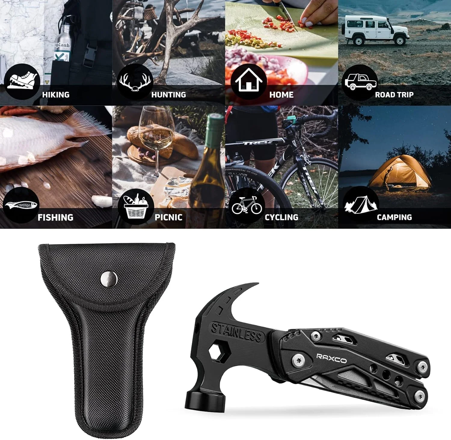 RAXCO Multi-tool Claw Hammer, 15-in-1 Stainless Steel Hand Tool with Pocket Clip & Cut Resistant Gloves, Father Day Husband Boyfriend Multitool Gadgets for Men(6.41×2.83×1inch)