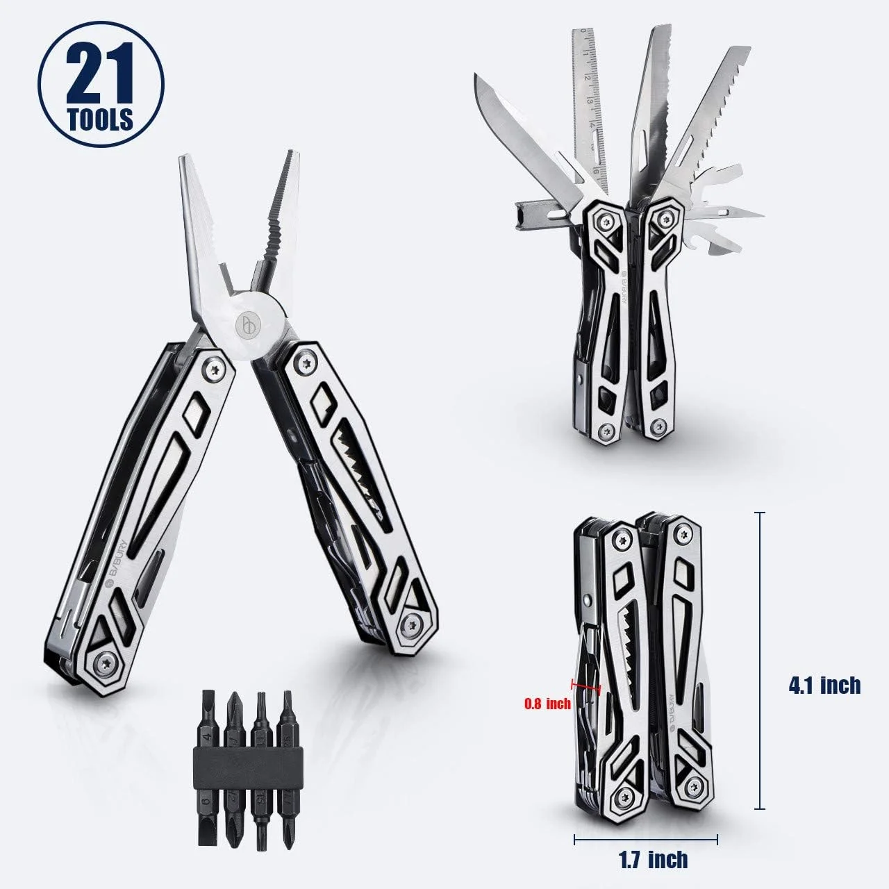 BIBURY 21-in-1 Multitool Pliers, Multi-Purpose Pocket Knife Pliers with Screwdriver Sleeve, 420 Foldable Stainless Steel Safety Locking Design Multi-tool for Survival, Camping, Fishing and Home Repair