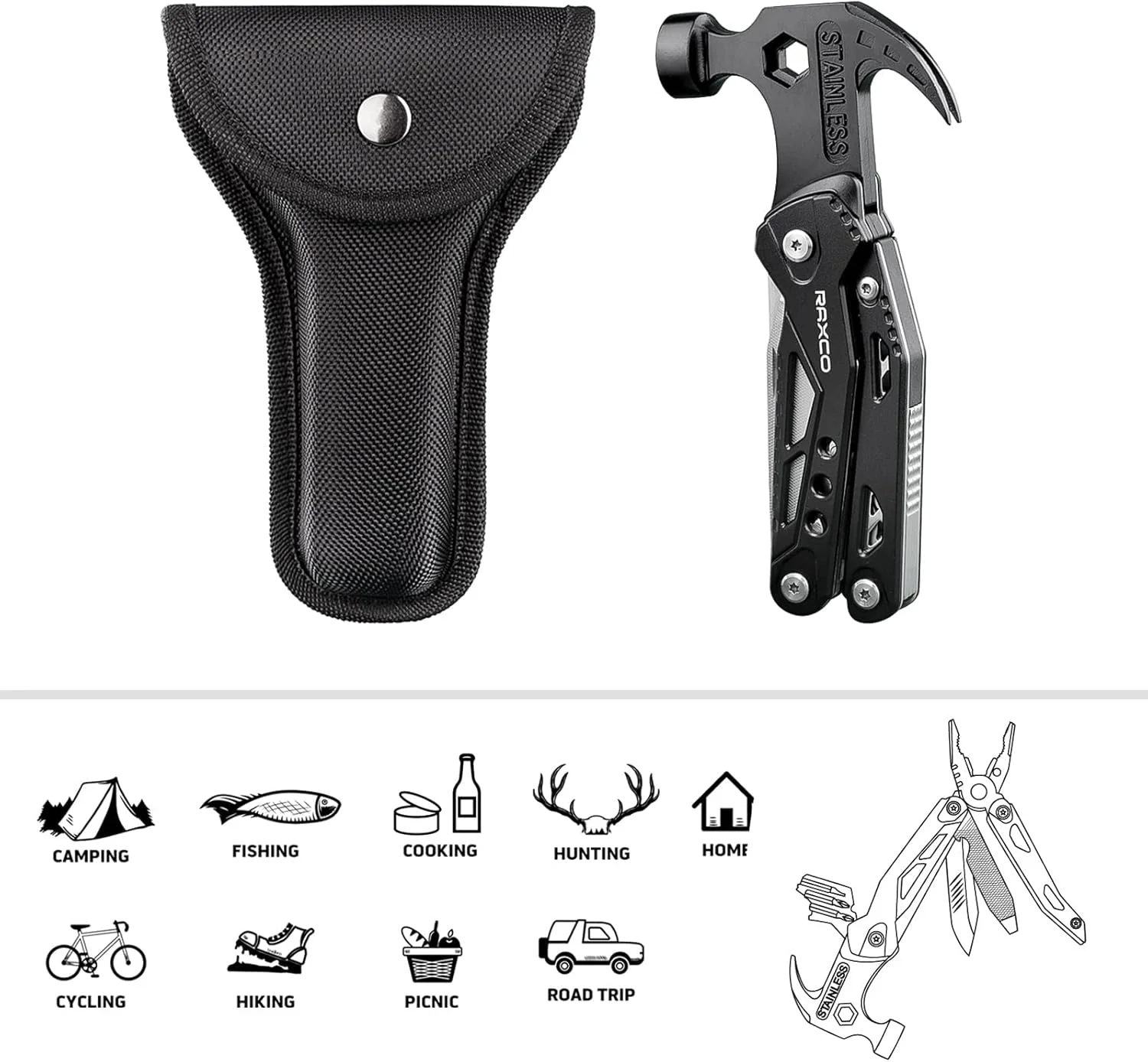 RAXCO Multi-tool Claw Hammer, 15-in-1 Stainless Steel Hand Tool with Pocket Clip & Cut Resistant Gloves, Father Day Husband Boyfriend Multitool Gadgets for Men(6.41×2.83×1inch)
