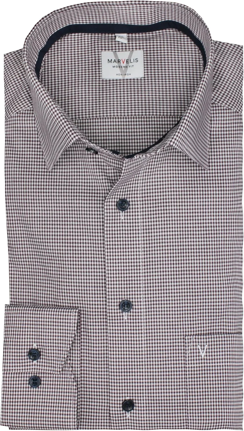پیراهن مردانه آستین بلند Marvelis New Kent، مناسب برای کار، بدون نیاز به اتو، مدل مدرن، طرح چهارخانه، زرشکی تیره، سایز 44
