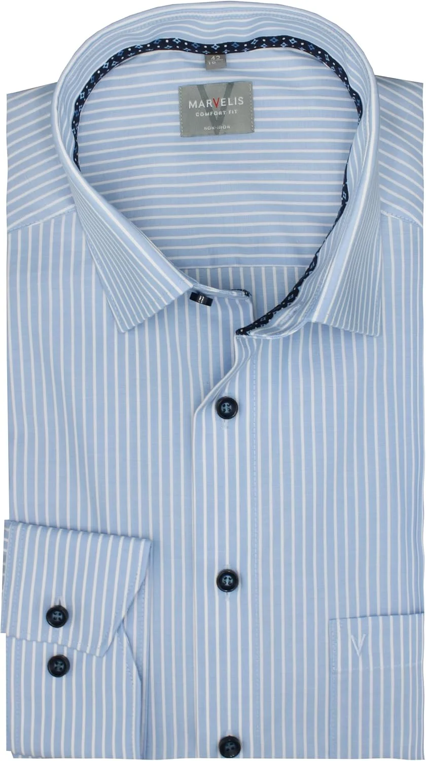 پیراهن مردانه آستین بلند مارولیس مدل Comfort Fit | بدون نیاز به اتو | راه راه | یقه New Kent | 100% پنبه، آبی، 44