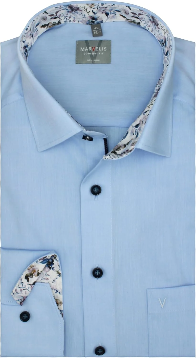 پیراهن مردانه مارولیس، مدل Comfort Fit، ساده، آستین بلند، بدون نیاز به اتو، ضد چروک، 100% پنبه، یقه Kent، آبی، 44