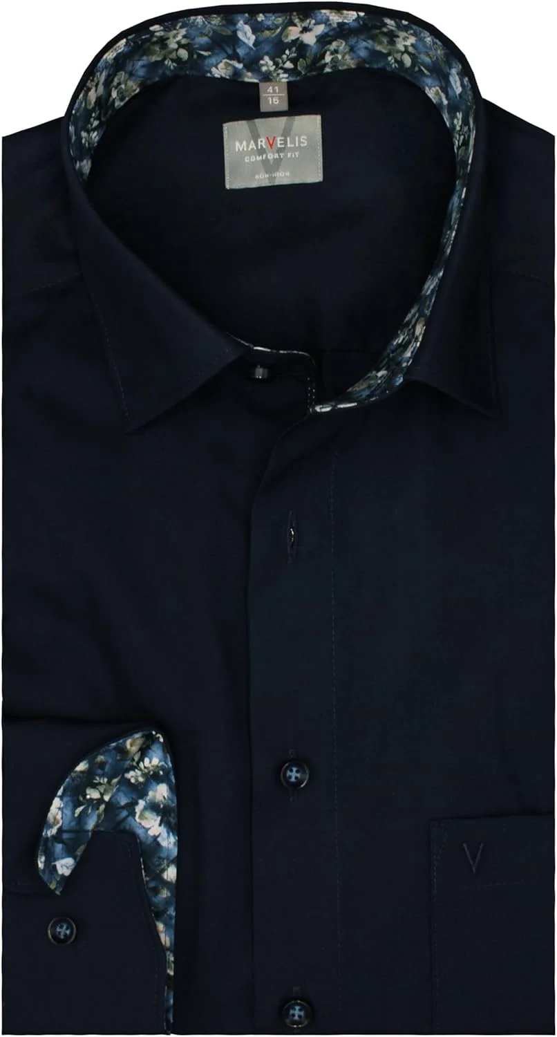 پیراهن مردانه مارولیس، مدل Comfort Fit، ساده، آستین بلند، بدون نیاز به اتو، ضد چروک، 100% پنبه، یقه Kent، سرمه ای 18/*، 41