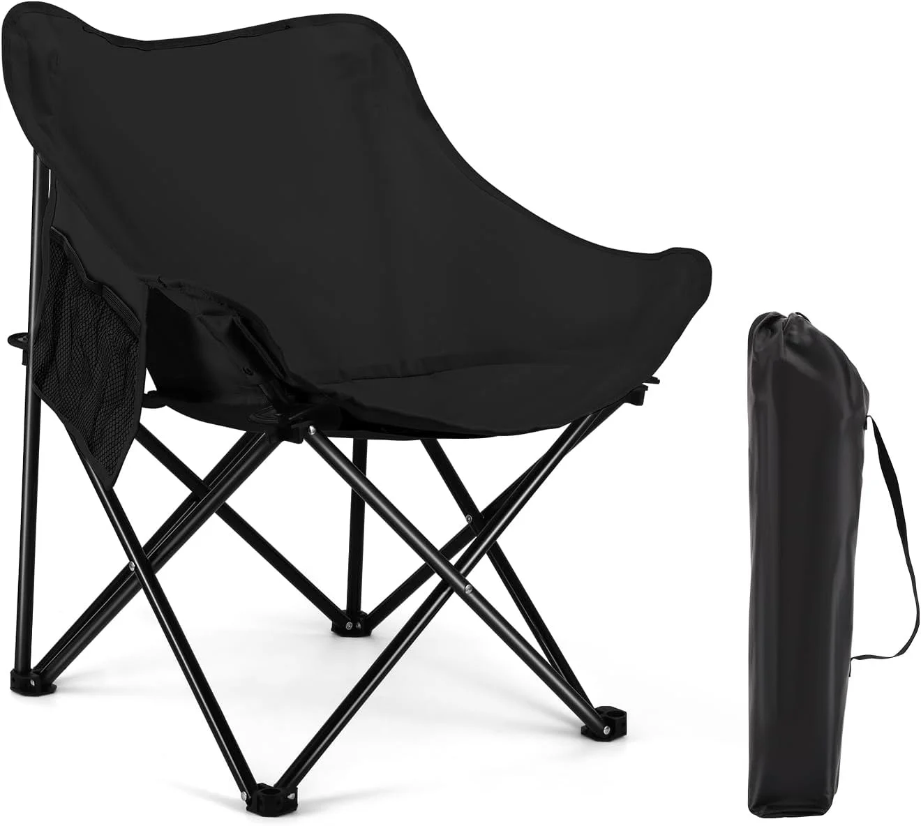 Rollingsurfer Folding Moon Chair, Portable Lightweight Camping Chair with Side Pocket, Foldable Backpacking Chair Ultra Durable for Outdoor Hiking Beach Travel with Carrying Bag, Supports up to 300LBS