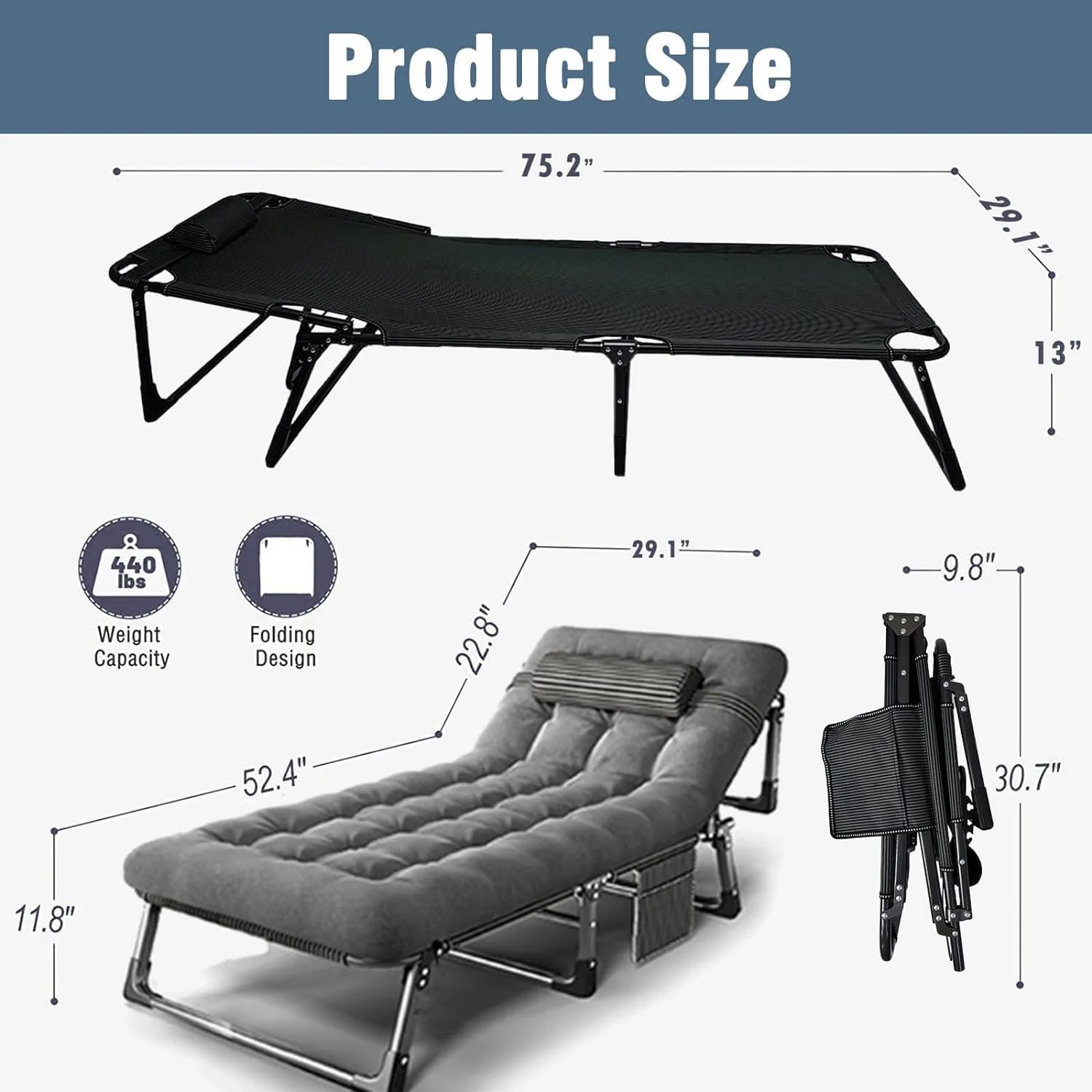 MostNow Portable Folding Camping Cot,Oversize 29.5in Adjustable Adults Reclining Lounge Chairs With Pillow,Outdoor Folding Lounge Chair Sleeping Cots Bed,Perfect for Camping,Office,Pool,Beach