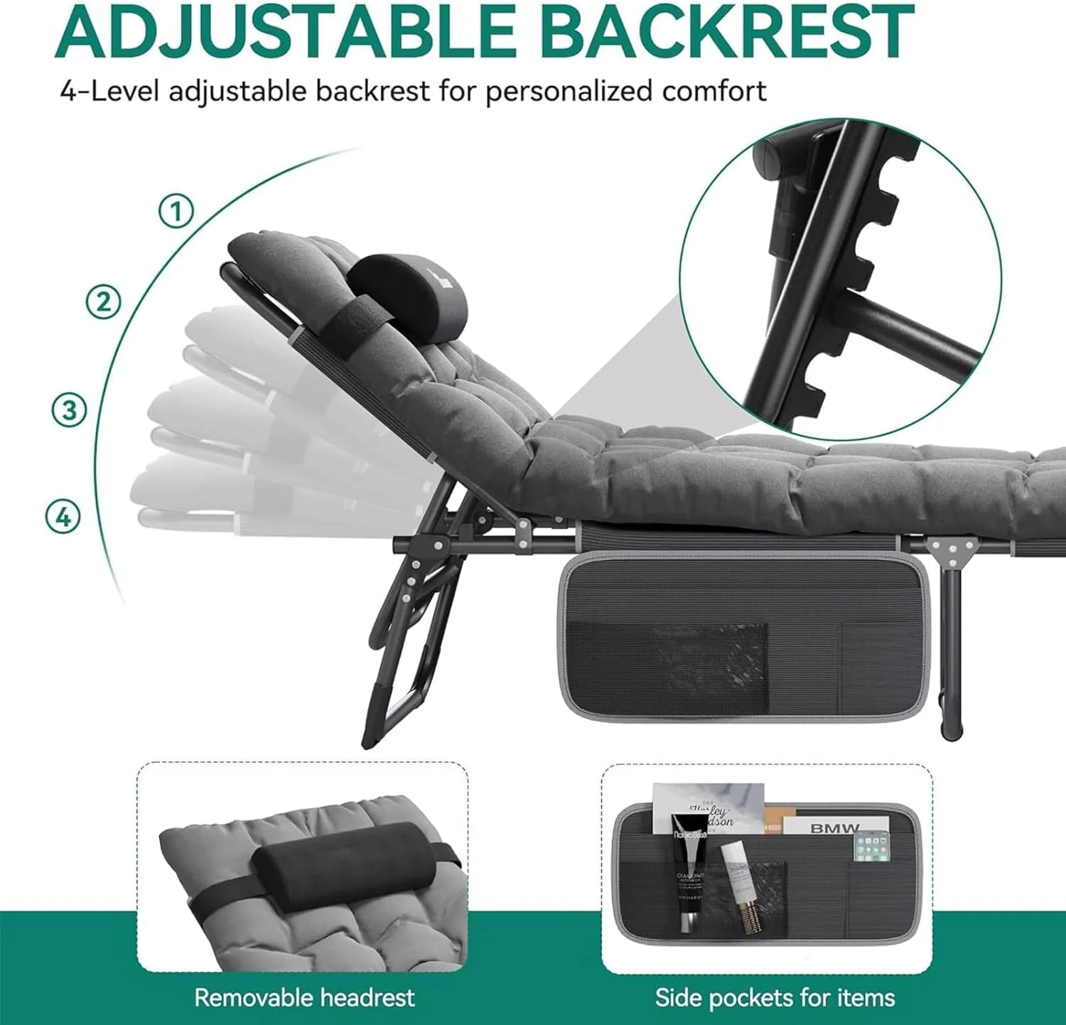 MostNow Portable Folding Camping Cot,Oversize 29.5in Adjustable Adults Reclining Lounge Chairs With Pillow,Outdoor Folding Lounge Chair Sleeping Cots Bed,Perfect for Camping,Office,Pool,Beach