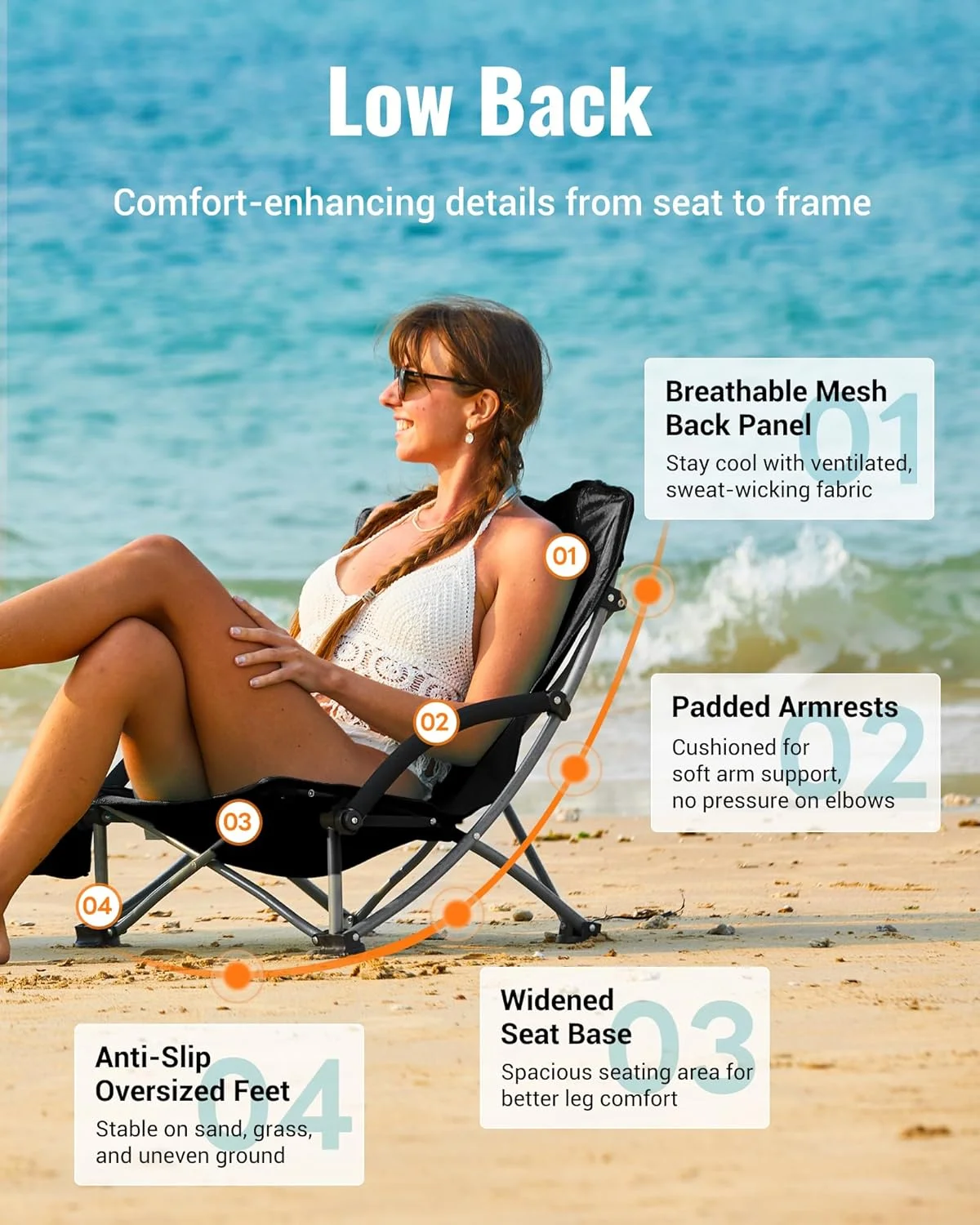 صندلی ساحلی تاشو و سبک KingCamp مناسب بزرگسالان، صندلی کمپینگ بزرگ و بادوام با جا لیوانی و کیف حمل، مناسب پیک نیک، استخر، کنسرت و مسافرت - مشکی