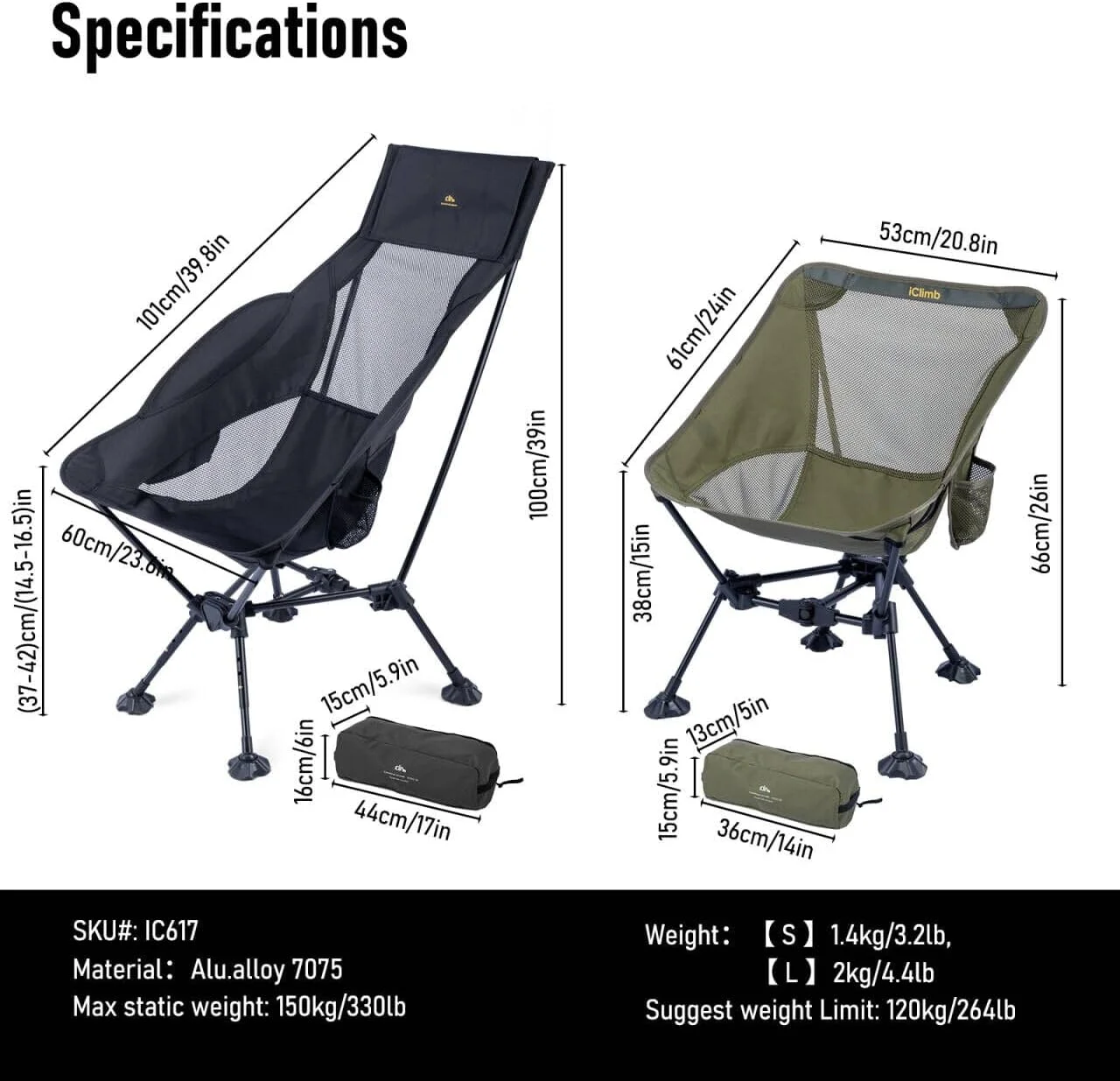 صندلی تاشو کمپینگ ساحلی فوق سبک iClimb با پایه های بزرگ ضد انقباض (سبز - پشتی بلند با قاب مثلثی)