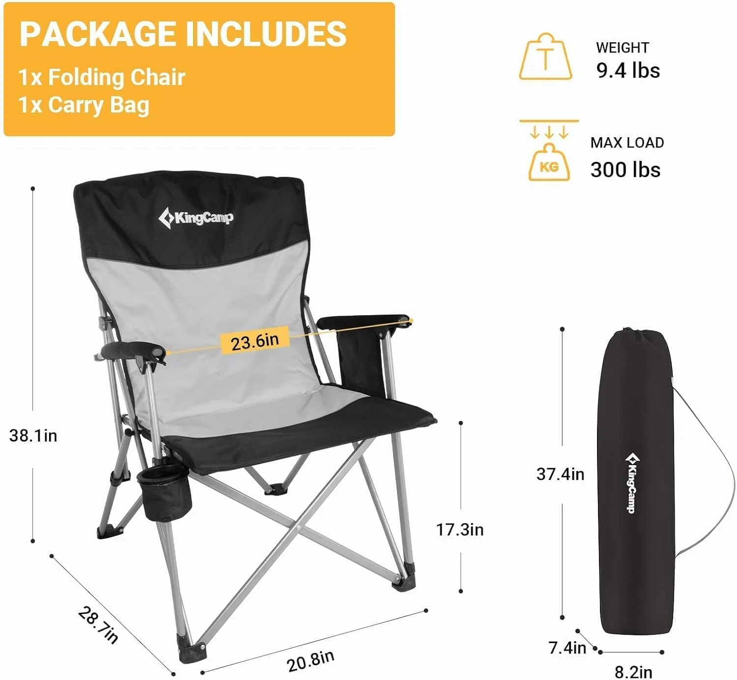 صندلی تاشو کمپینگ کینگ کمپ، صندلی چمن قابل حمل و سنگین وزن بزرگسالان با پشتی شیب دار راحت، جا لیوانی توری و کیف حمل برای کمپینگ/مسافرت/ماهیگیری