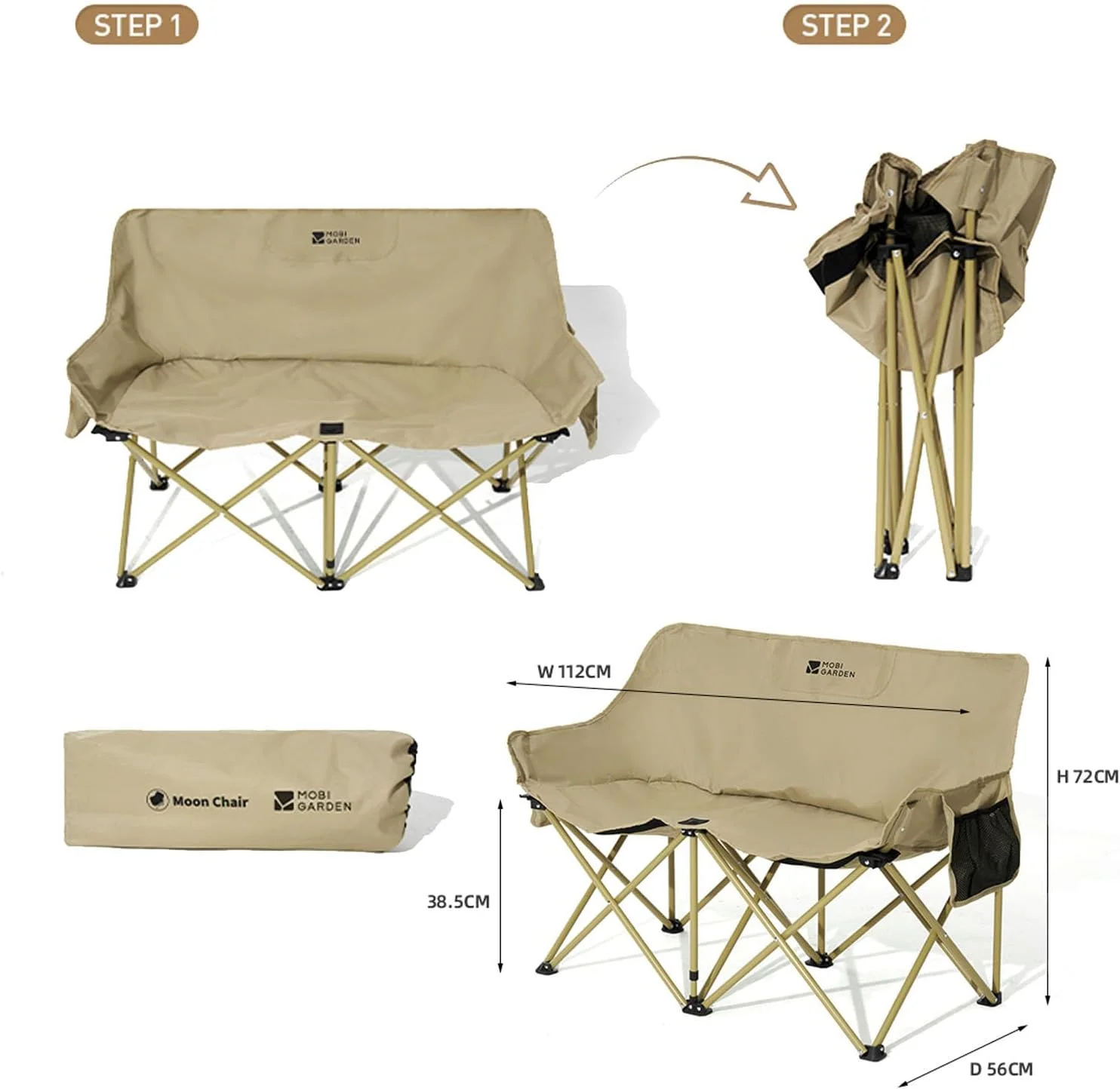 صندلی کمپینگ HommyFine، سبک و قابل حمل، صندلی دونفره با جیب کناری، صندلی تاشو جمع و جور دو نفره با کیف حمل برای پیاده روی، ماهیگیری، ساحل (زرد شنی)