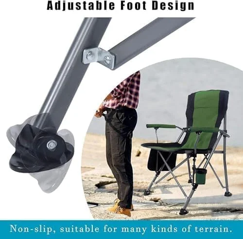 صندلی کمپینگ جورونب برای بزرگسالان، مناسب فضای باز، حیاط و چمن، با پشتی بلند، پارچه آکسفورد پددار، دسته، کیف نگهداری و جا لیوانی، تاشو (سبز)