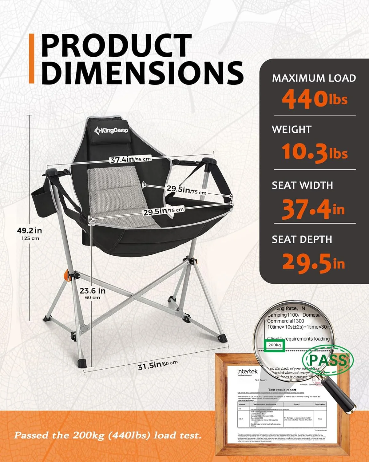 صندلی تابی کمپینگ KingCamp، صندلی راکینگ تاشو با پشتی قابل تنظیم آلیاژ آلومینیوم به همراه زیر سری و جا لیوانی برای فضای باز، مسافرت، ورزش، بازی، چمن، کنسرت و حیاط خلوت (مشکی)