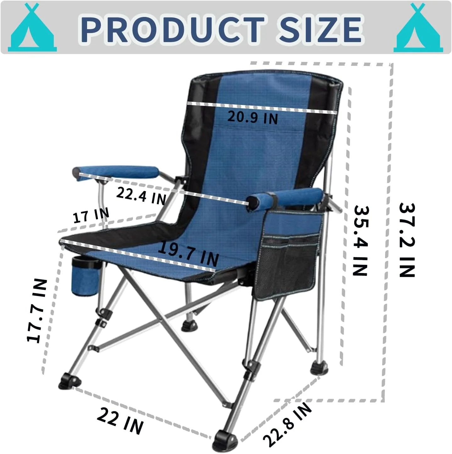 Foldable Outdoor Camping Chair with Cup Holder, Storage Bag and Camping Light, Heavy Duty and Comfortable Design|Support up to 200kg, Suitable for Adult Outdoor Travel Picnic Fishing (Blue)