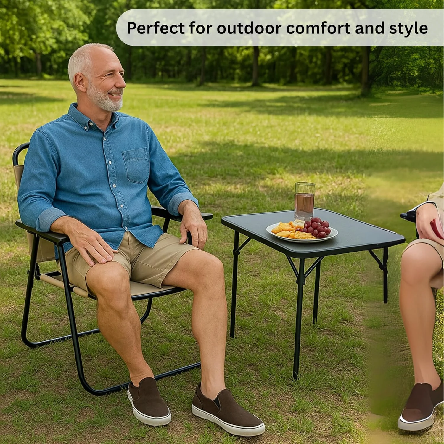 صندلی تاشو سنگین ECVV® با دسته | فریم فولادی مستحکم، طراحی سبک و جمع و جور، پارچه آکسفورد بادوام، صندلی کمپینگ در فضای باز برای ساحل، پیک نیک، ماهیگیری، باغ و پاسیو | بژ