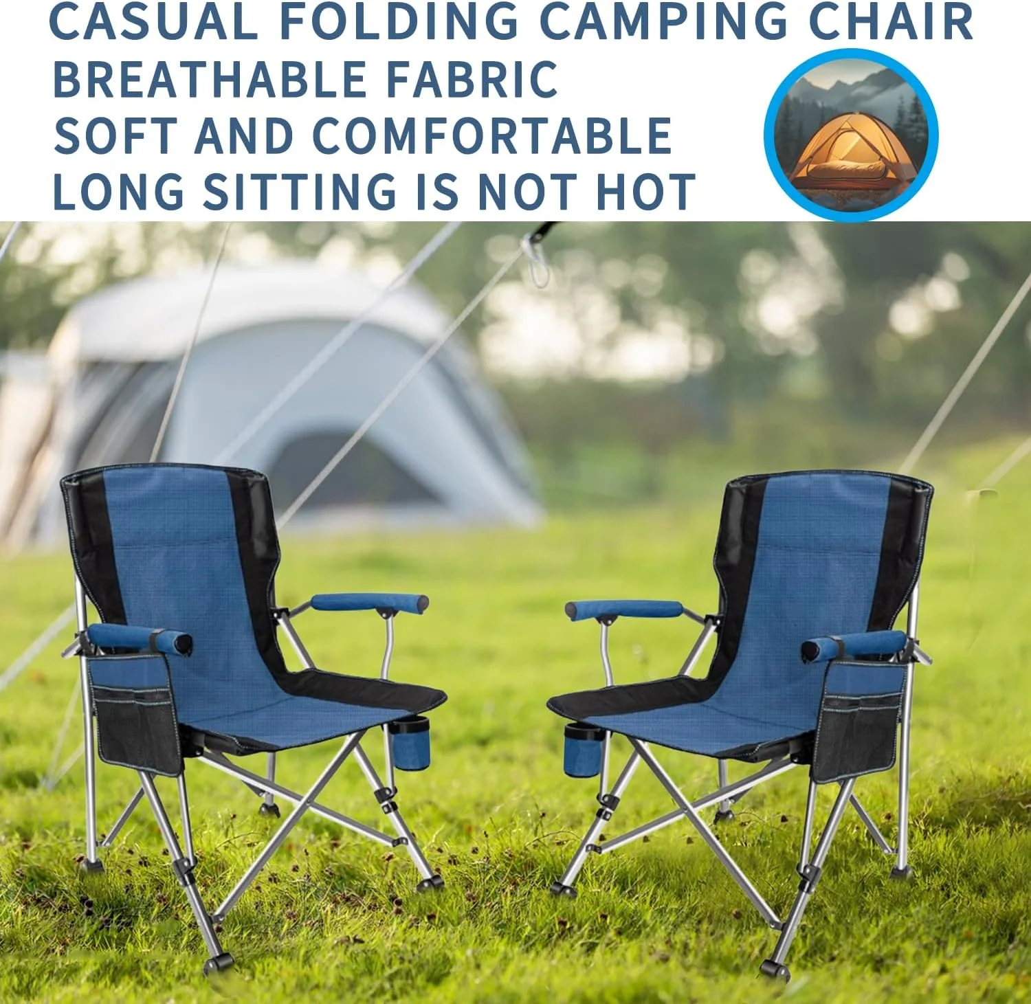 Foldable Outdoor Camping Chair with Cup Holder, Storage Bag and Camping Light, Heavy Duty and Comfortable Design|Support up to 200kg, Suitable for Adult Outdoor Travel Picnic Fishing (Blue)