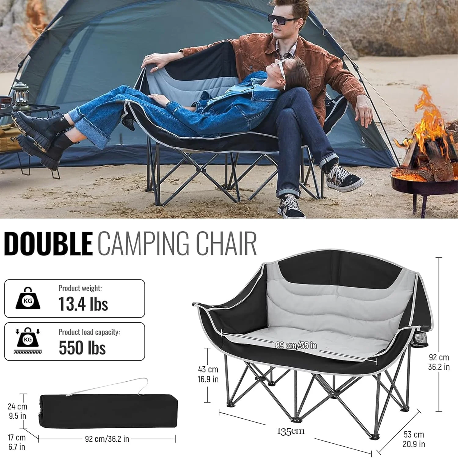 نیمکت تاشو بزرگ مناسب کمپینگ و چمن، صندلی دونفره مقاوم با جا لیوانی برای فضای باز و داخل خانه، مشکی 138 * 53 * 92 سانتی متر، حداکثر تحمل وزن 200 کیلوگرم