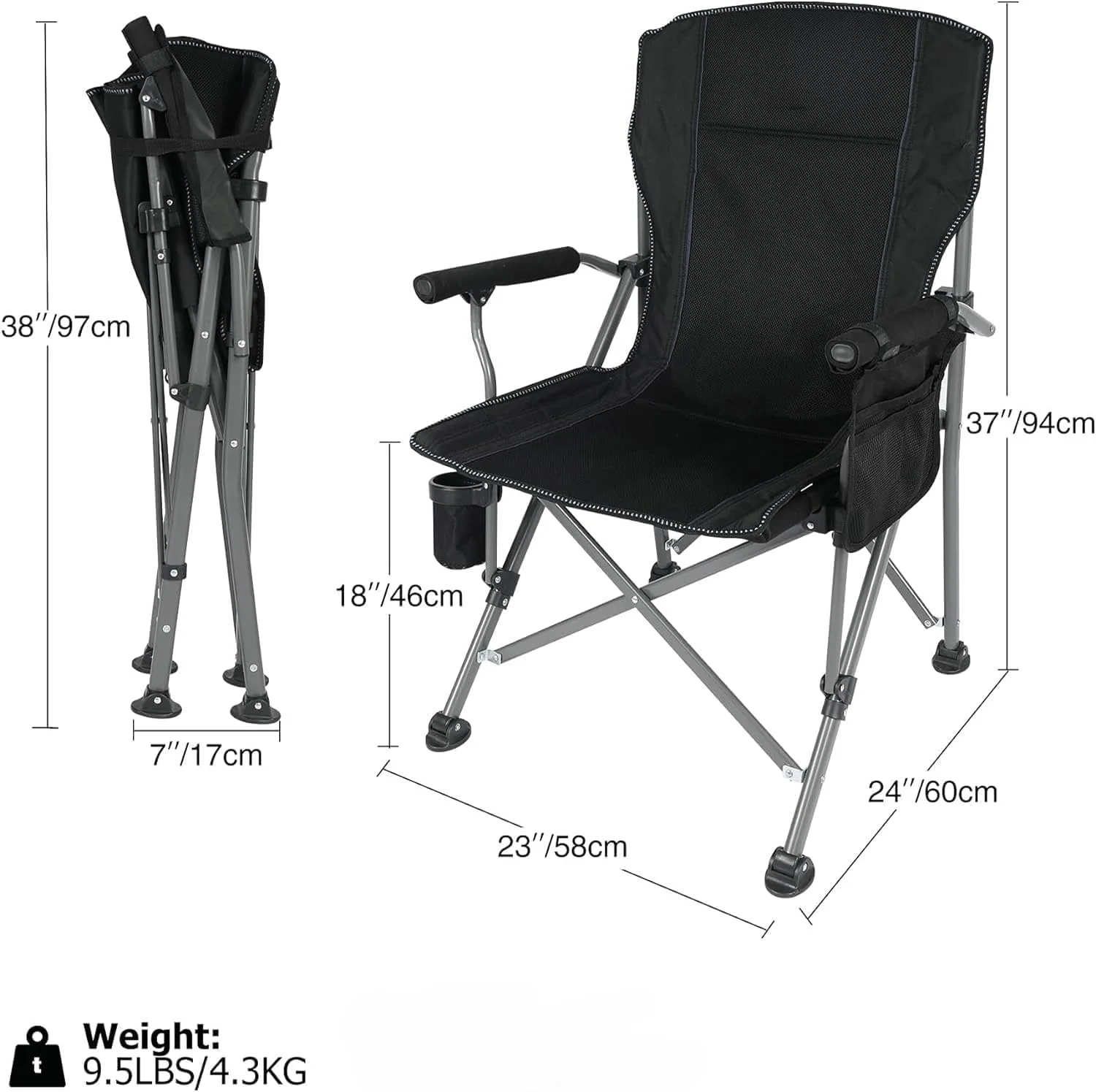 صندلی تاشو کمپینگ، صندلی چمن پشتی بلند و مقاوم با جا لیوانی و جیب کناری، فریم فولادی، صندلی ماهیگیری محکم و قابل حمل با کیف حمل تا 150 کیلوگرم - پشتی بلند مشکی