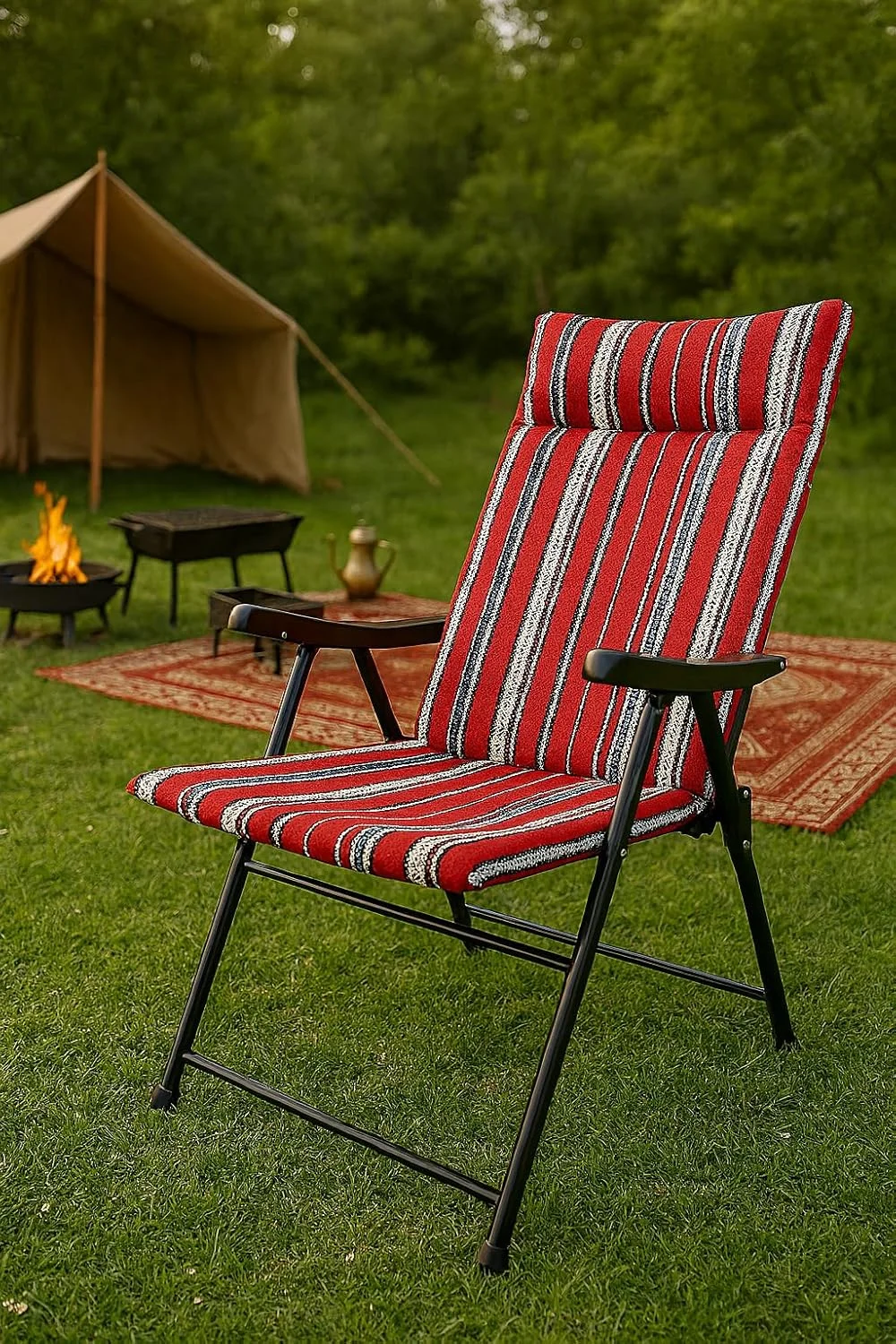 صندلی تاشو کمپینگ GO2CAMPS با طراحی سادو و کوسن دار | صندلی فضای باز قابل حمل و مقاوم با دسته، فریم فولادی بادوام و پشتی راحت - کمپینگ، پیک نیک، باربیکیو، کویر، ساحل و مسافرت