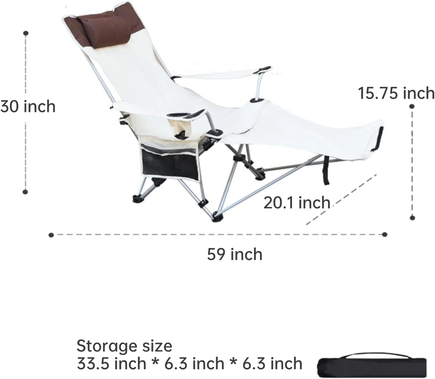 صندلی تاشو کمپینگ قابل حمل Beauenty، صندلی ساحلی، دو منظوره نشسته و درازکش، دارای جای لیوان، جیب توری، صندلی تاشو ساحلی صندلی ماهیگیری (سفید)