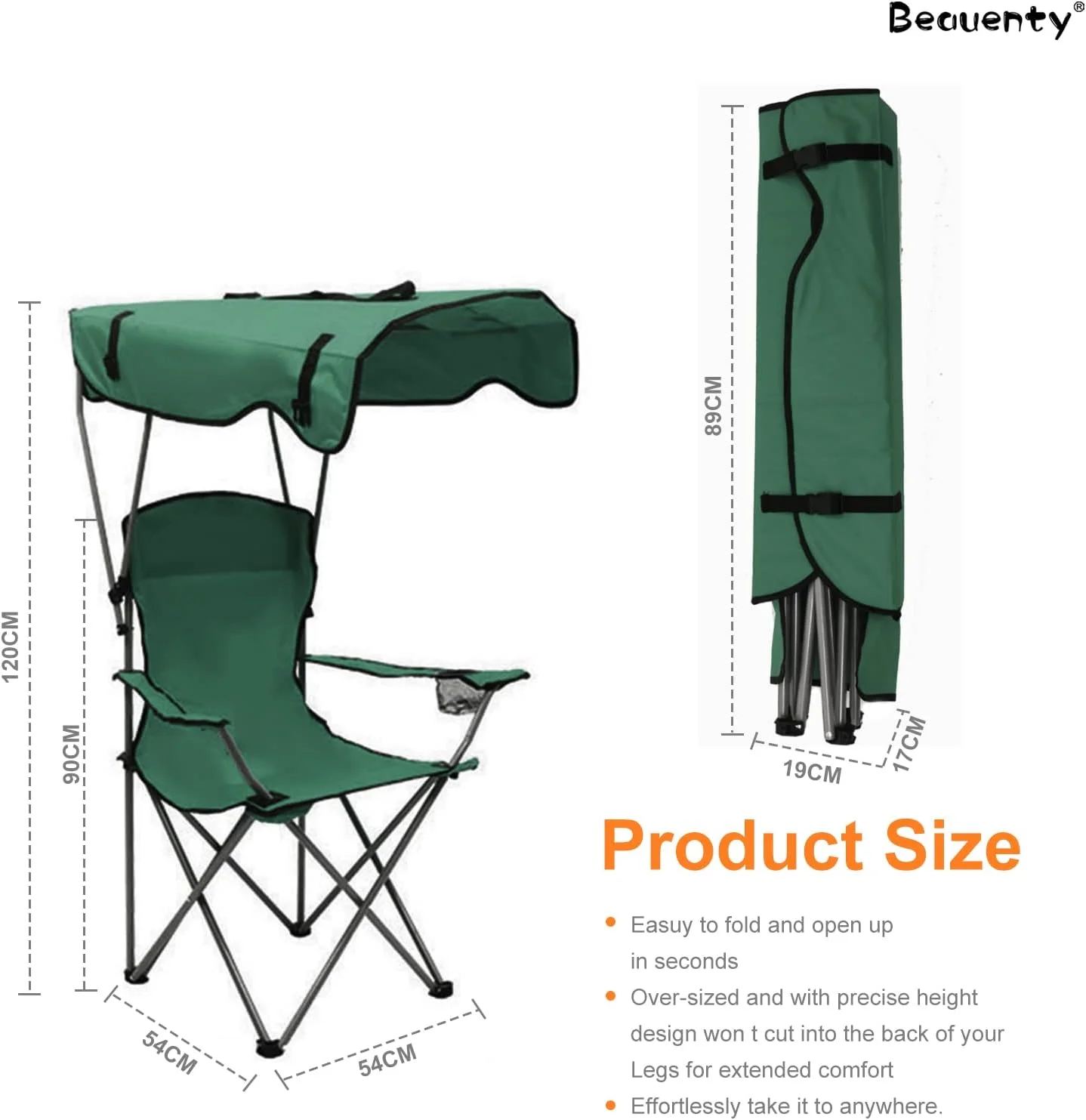 صندلی تاشو کمپینگ Beauenty با دسته و سایبان، مناسب برای ساحل، ماهیگیری، باربیکیو، چمن، پیک نیک (سبز)