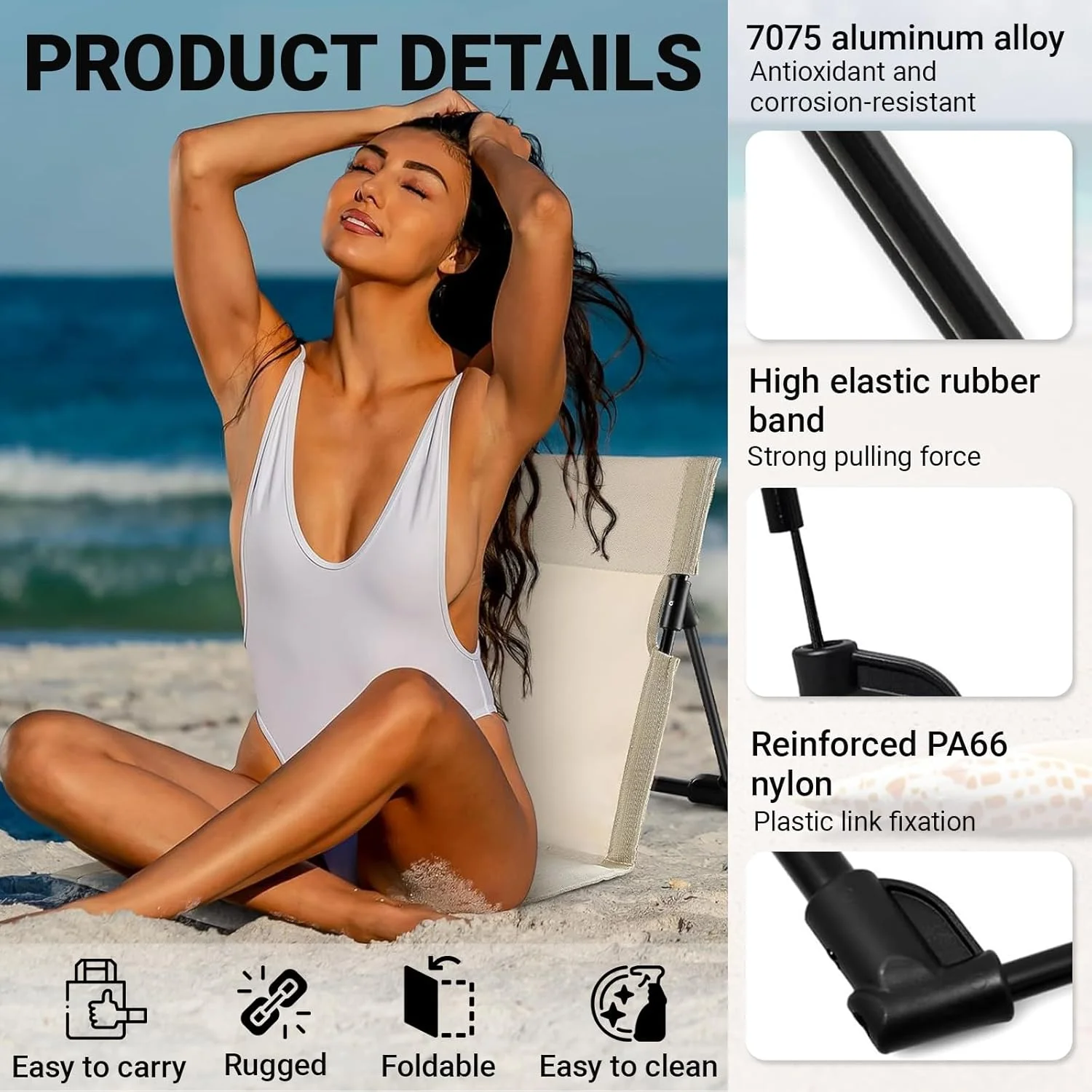 صندلی ساحلی پشتی دار AUCCNT، صندلی استراحت تاشو قابل حمل برای بزرگسالان، صندلی تاشو سبک وزن مناسب برای ساحل، استخر، آفتاب گرفتن، کمپینگ و سفرهای جاده ای (سفید مایل به کرم)