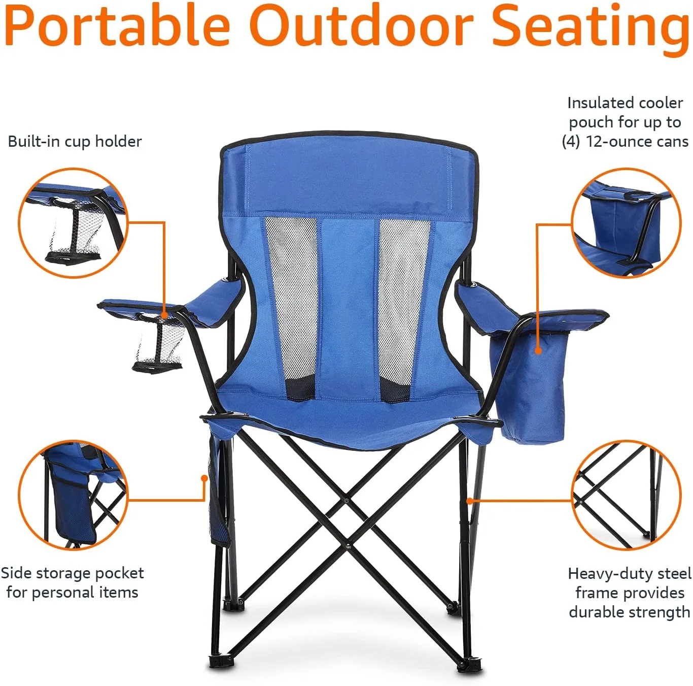 Amazon Basics Mesh Folding Outdoor Camping Chair With Bag - 34 x 20 x 36 Inches, Blue