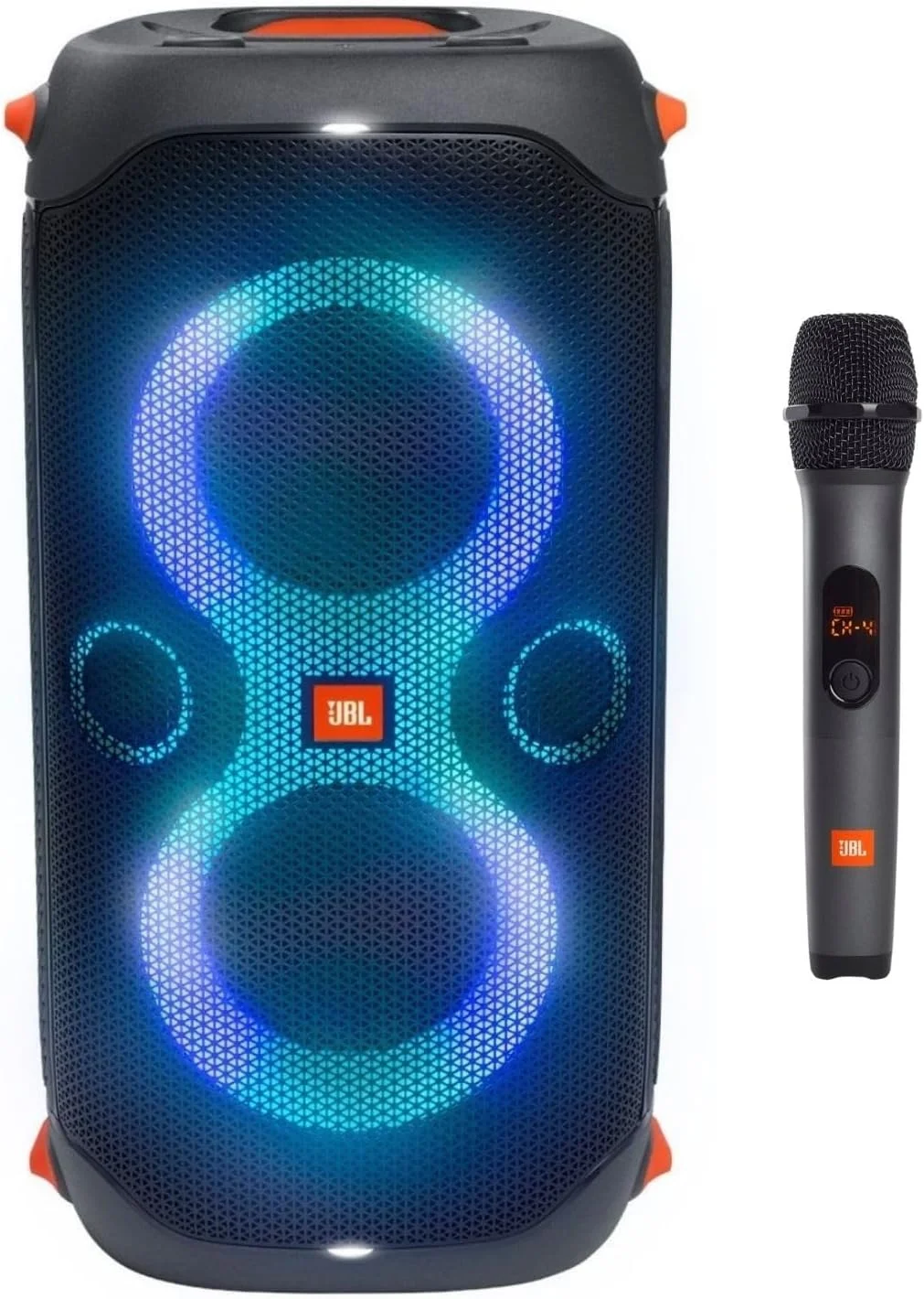 باندل جی بی ال پارتی باکس 110 و میکروفون بی سیم، اسپیکر و میکروفون با جلوه نور LED، توان 160 وات، 12 ساعت پخش، ضد آب IPX4 - مشکی