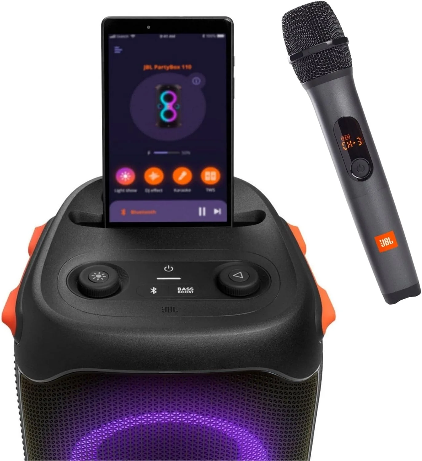 باندل جی بی ال پارتی باکس 110 و میکروفون بی سیم، اسپیکر و میکروفون با جلوه نور LED، توان 160 وات، 12 ساعت پخش، ضد آب IPX4 - مشکی باندل جی بی ال پارتی باکس 110 و میکروفون بی سیم، اسپیکر و میکروفون با جلوه نور LED، توان 160 وات، 12 ساعت پخش، ضد آب IPX4 - مشکی
