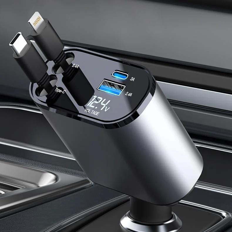 Gwydre Retractable Car Charger, 4 in 1 Fast Car Phone Charger 60W, Retractable Cables and USB Car Charger,Compatible with iPhone 15/14/13/12/11,Galaxy (1Lightning 1TypeC)