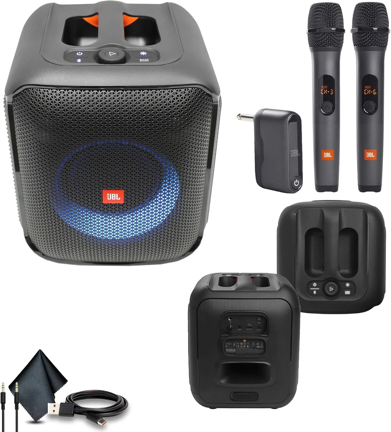 اسپیکر JBL Partybox Encore Essential، صدای 100 واتی، نمایش نور پویا داخلی و طراحی ضد آب (JBLPBENCOREESSAM) + سیستم دو میکروفون بی سیم با گیرنده