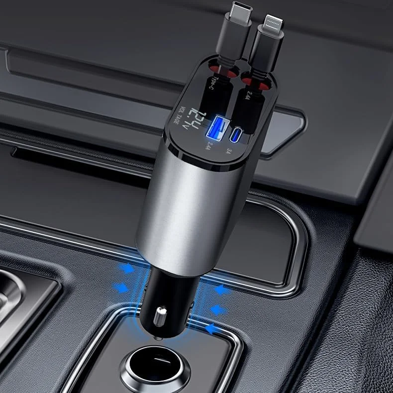 Gwydre Retractable Car Charger, 4 in 1 Fast Car Phone Charger 60W, Retractable Cables and USB Car Charger,Compatible with iPhone 15/14/13/12/11,Galaxy (1Lightning 1TypeC)
