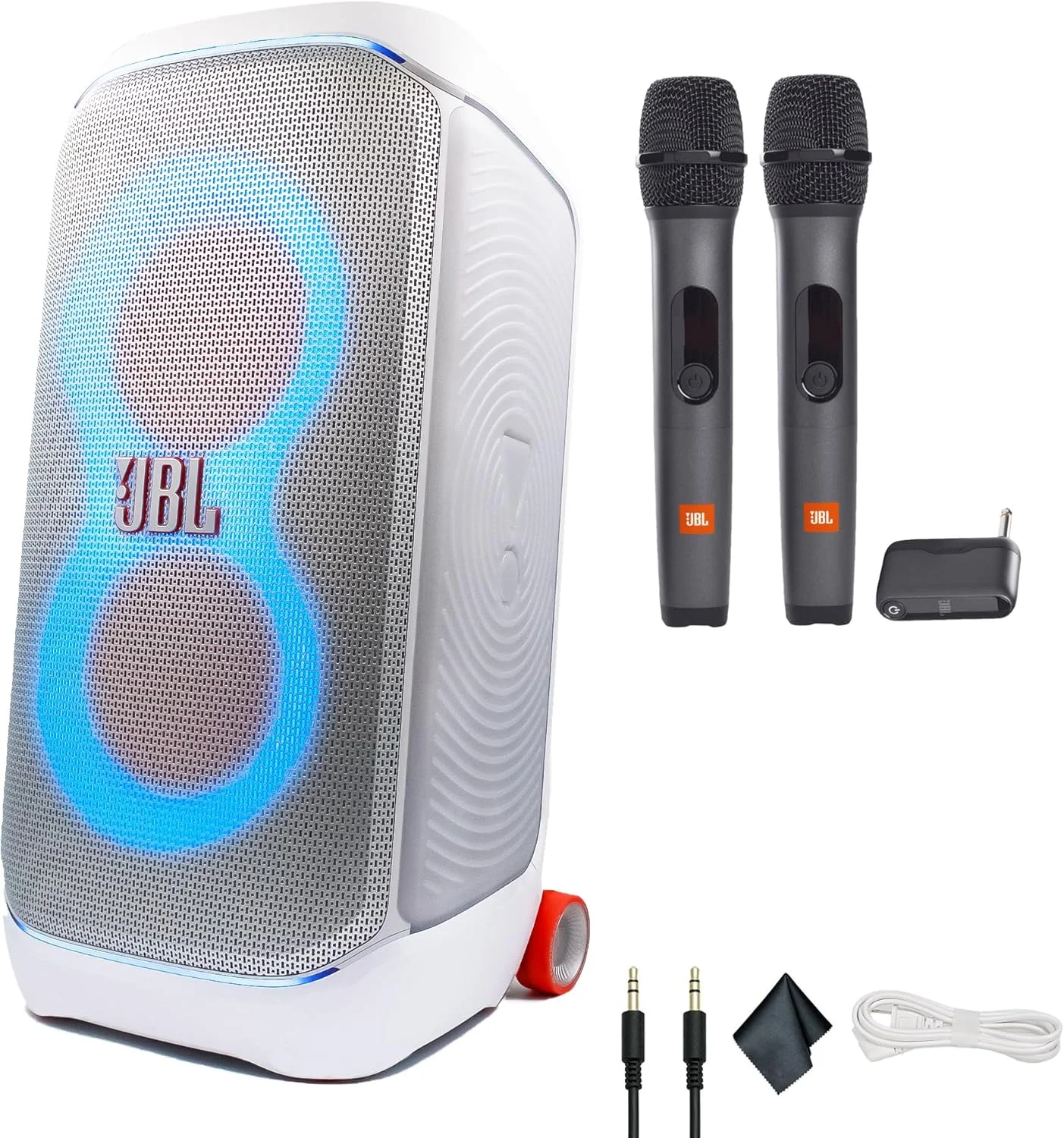 اسپیکر بی سیم قابل حمل ضد آب JBL PartyBox Stage 320 (سفید) - 240 وات - 12 ساعت پخش مداوم - صدای قدرتمند و بیس عمیق + سیستم دو میکروفون + کابل AUX - کیت کارائوکه مهمانی