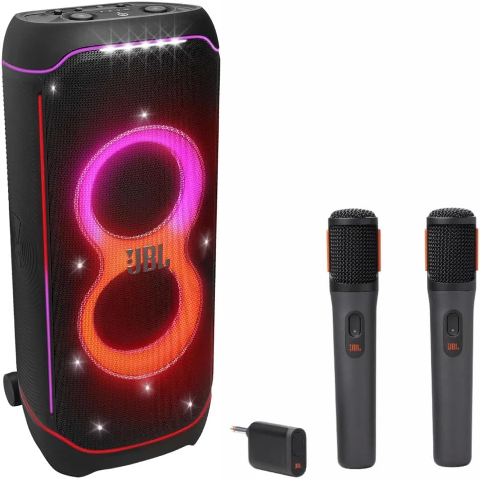 اسپیکر مهمانی بزرگ JBL Partybox Ultimate با صدای قدرتمند، نمایش نور چند بعدی و طراحی ضد پاشش + میکروفون های بی سیم دیجیتال