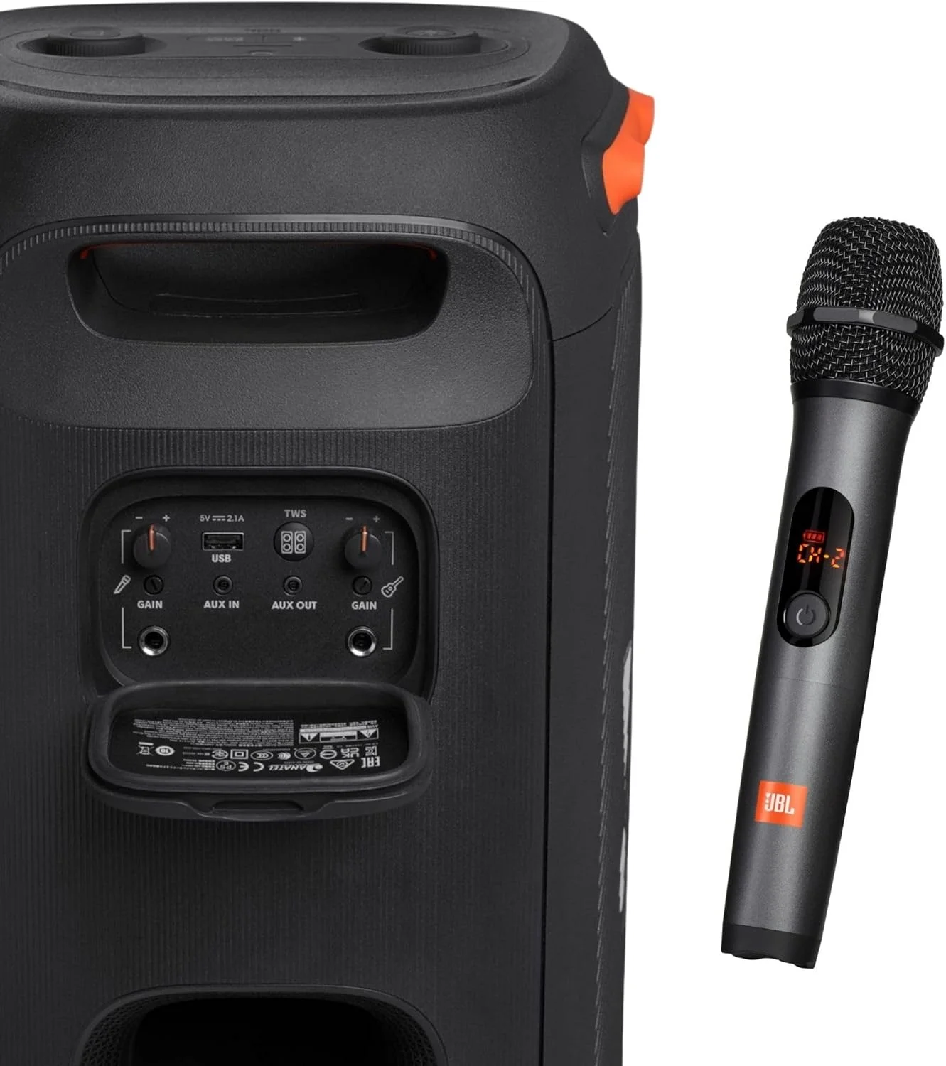 باندل جی بی ال پارتی باکس 110 و میکروفون بی سیم، اسپیکر و میکروفون با جلوه نور LED، توان 160 وات، 12 ساعت پخش، ضد آب IPX4 - مشکی باندل جی بی ال پارتی باکس 110 و میکروفون بی سیم، اسپیکر و میکروفون با جلوه نور LED، توان 160 وات، 12 ساعت پخش، ضد آب IPX4 - مشکی