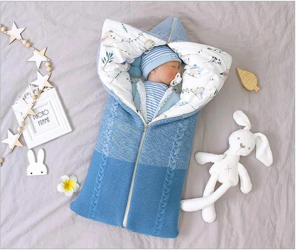 WERTYTREW Baby sleeping bags, sleeping bags Winter Newborn Baby knitted Universal Wrap Knitted Wrap Swaddle Blanket stroller sleeping bag for 0-12 months,Blue