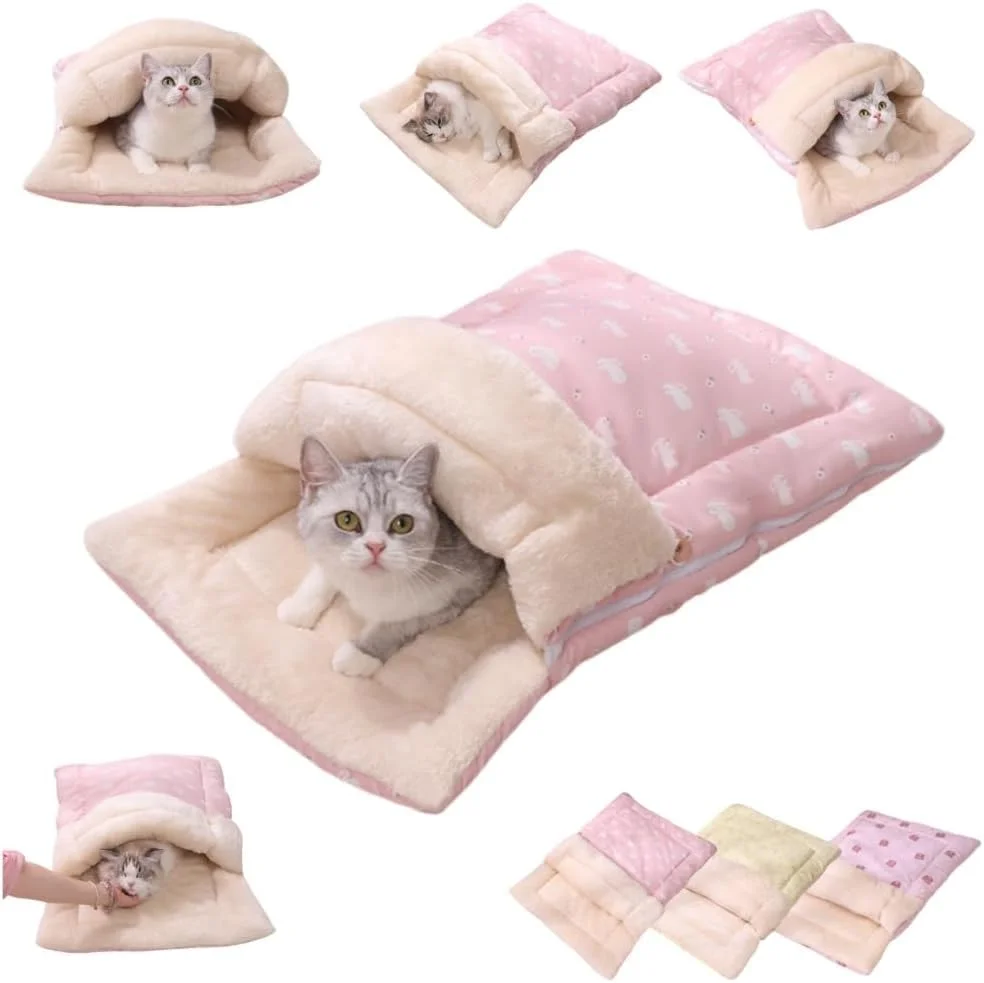کیسه خواب گرم کننده خودکار گربه آزونی، غار تخت خواب نرم و مخملی گربه برای گربه های داخل خانه، تخت خواب زمستانی دنج گربه، تشک گرم حیوانات خانگی برای بچه گربه، تخت خواب راحت گرم کننده خودکار گربه با غار برای زمستان (صورتی، 50x70 سانتی متر)