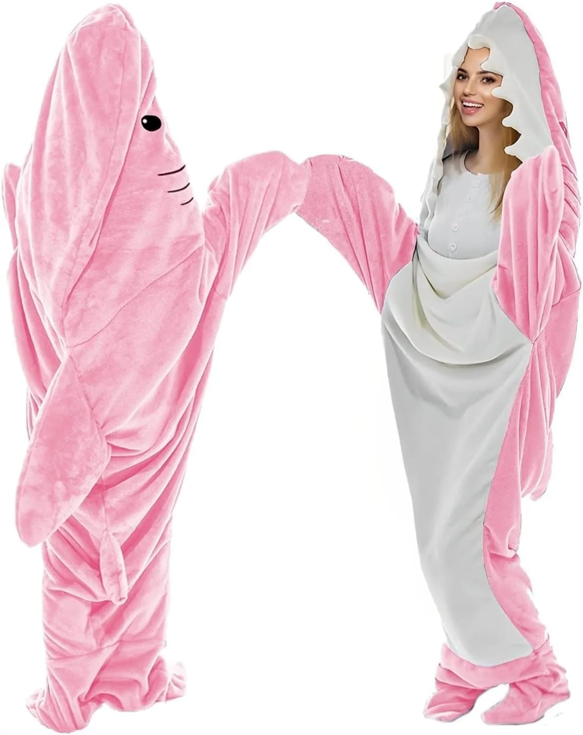 پتو کوسه ای بزرگسال، هودی پشمی فوق العاده نرم و راحت، لباس سرهمی، کیسه خواب پوشیدنی برای بزرگسالان (صورتی، XL)