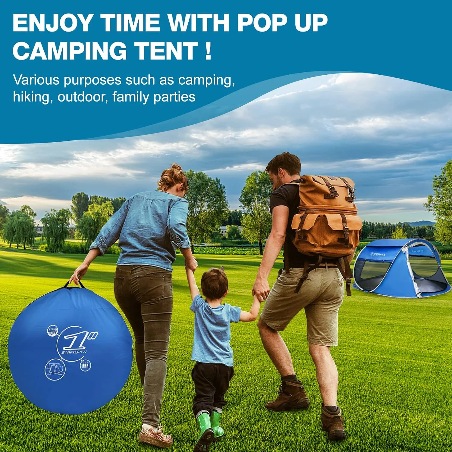 ZOMAKE Pop Up Camping Tent - Automatic Foldable Beach Tent Instant Easy Setup in 3 Seconds Portable Carry Bag Waterproof Sun Shelter for Family Outdoor Hiking(2-4 Person) ZOMAKE Pop Up Camping Tent - Automatic Foldable Beach Tent Instant Easy Setup in 3 Seconds Portable Carry Bag Waterproof Sun Shelter for Family Outdoor Hiking(2-4 Person)