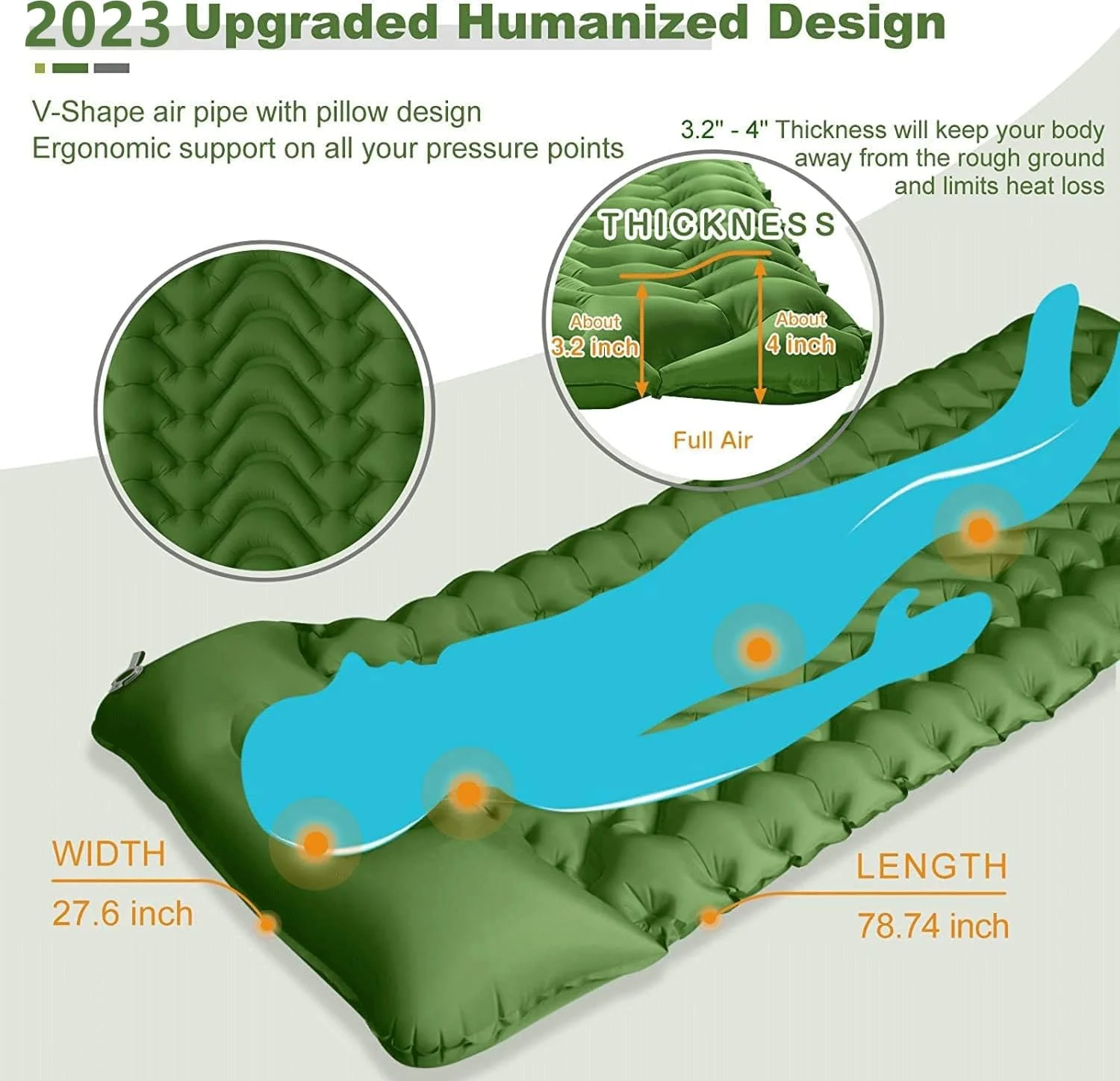 SKADE Camping Sleeping Pad, Extra Thickness 9.9cm Inflatable Sleeping Mat with Pillow Built-in Pump, Compact Ultralight Waterproof Camping Air Mattress for Hiking, Tent, Traveling (Green) SKADE Camping Sleeping Pad, Extra Thickness 9.9cm Inflatable Sleeping Mat with Pillow Built-in Pump, Compact Ultralight Waterproof Camping Air Mattress for Hiking, Tent, Traveling (Green)