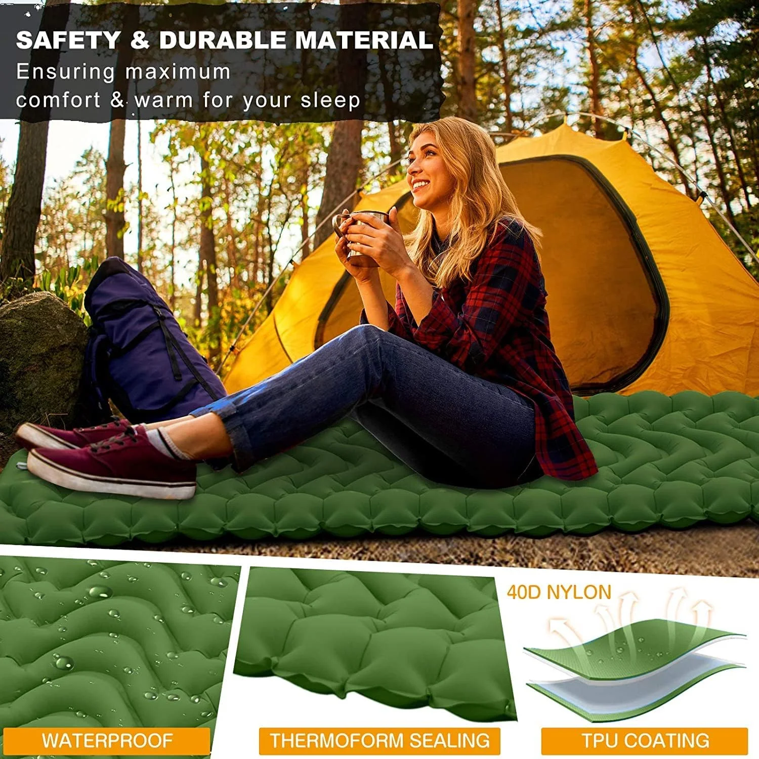 SKADE Camping Sleeping Pad, Extra Thickness 9.9cm Inflatable Sleeping Mat with Pillow Built-in Pump, Compact Ultralight Waterproof Camping Air Mattress for Hiking, Tent, Traveling (Green) SKADE Camping Sleeping Pad, Extra Thickness 9.9cm Inflatable Sleeping Mat with Pillow Built-in Pump, Compact Ultralight Waterproof Camping Air Mattress for Hiking, Tent, Traveling (Green)