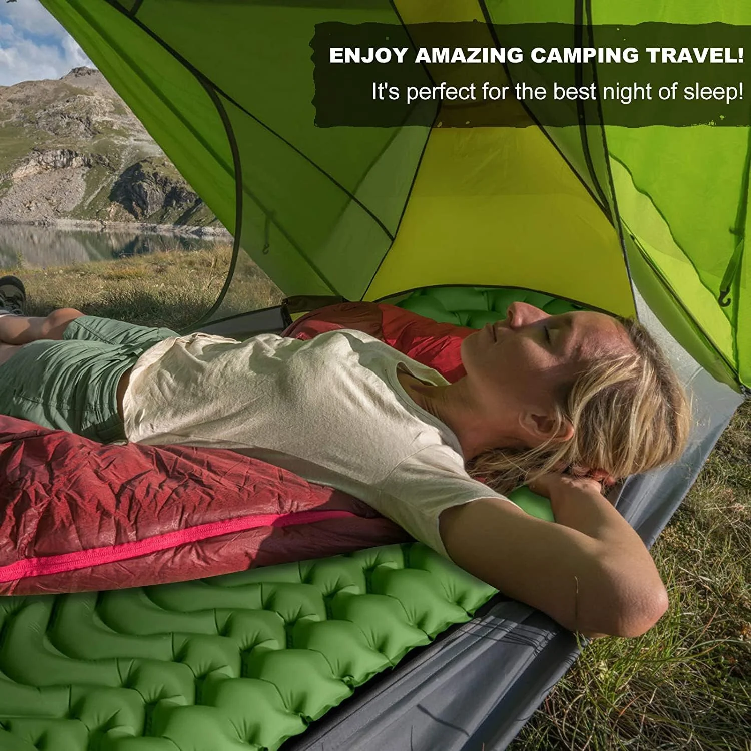 SKADE Camping Sleeping Pad, Extra Thickness 9.9cm Inflatable Sleeping Mat with Pillow Built-in Pump, Compact Ultralight Waterproof Camping Air Mattress for Hiking, Tent, Traveling (Green) SKADE Camping Sleeping Pad, Extra Thickness 9.9cm Inflatable Sleeping Mat with Pillow Built-in Pump, Compact Ultralight Waterproof Camping Air Mattress for Hiking, Tent, Traveling (Green)