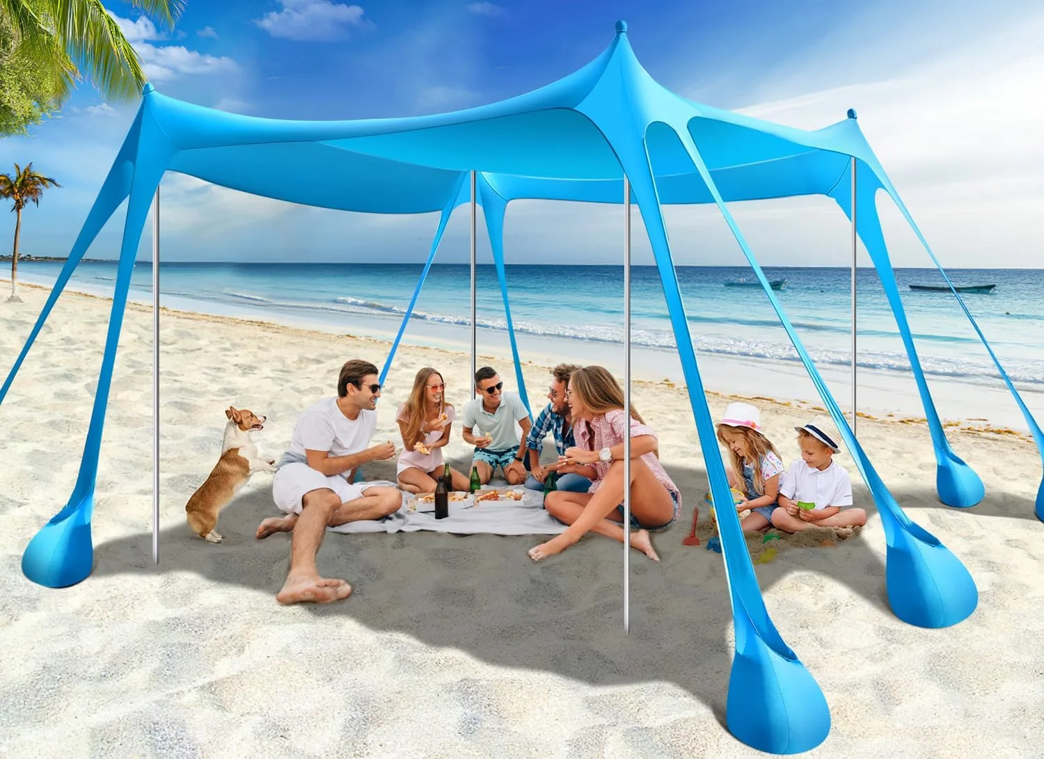 سایبان چادری ساحلی راینو ولی، سایه بان خانوادگی قابل حمل 3x3 متری با UPF50+، دارای 8 کیسه شن و 4 میله آلومینیومی، سایبان پاپ آپ برای ساحل، کمپینگ، ماهیگیری، حیاط خلوت و پیک نیک، آبی آسمانی