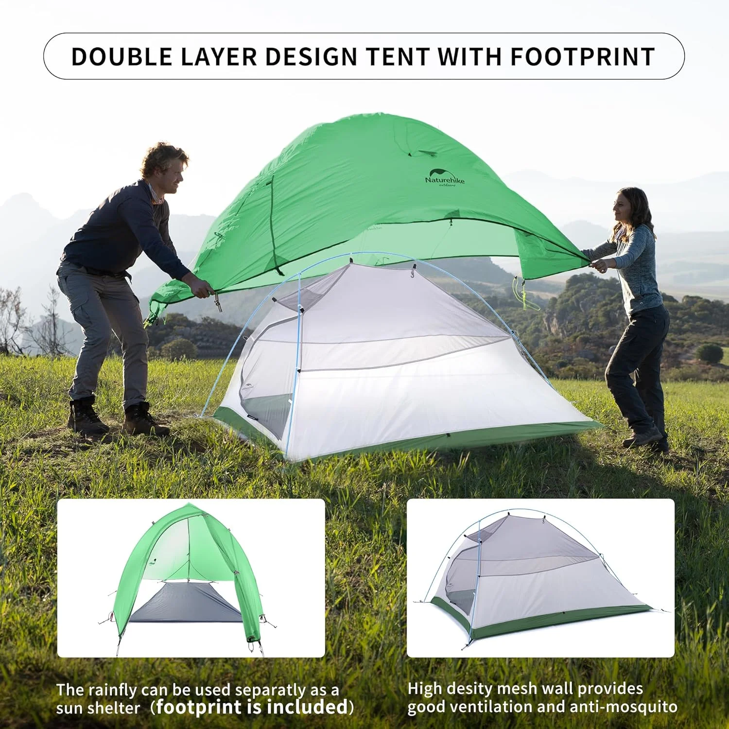 چادر مسافرتی دو نفره Naturehike Cloud-Up 2 Upgrade، مناسب 3-4 فصل و سبک برای کوله گردی چادر مسافرتی دو نفره Naturehike Cloud-Up 2 Upgrade، مناسب 3-4 فصل و سبک برای کوله گردی