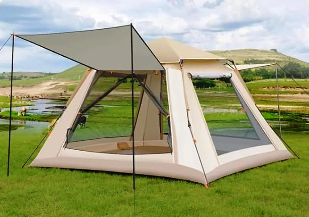 چادر مسافرتی اتوماتیک GO2CAMPS مناسب برای 5-6 نفر، چادر گنبدی بازشو فوری با کیفیت عالی به همراه توری، سبک و قابل حمل، مناسب برای کمپینگ خانوادگی، شکار، پیاده‌روی، فضای باز، ساحل و پیک‌نیک (بژ)