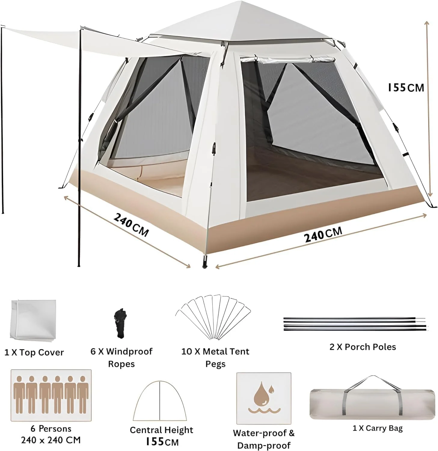 چادر مسافرتی اتوماتیک GO2CAMPS مناسب برای 5-6 نفر، چادر گنبدی بازشو فوری با کیفیت عالی به همراه توری، سبک و قابل حمل، مناسب برای کمپینگ خانوادگی، شکار، پیادهروی، فضای باز، ساحل و پیکنیک (بژ) چادر مسافرتی اتوماتیک GO2CAMPS مناسب برای 5-6 نفر، چادر گنبدی بازشو فوری با کیفیت عالی به همراه توری، سبک و قابل حمل، مناسب برای کمپینگ خانوادگی، شکار، پیادهروی، فضای باز، ساحل و پیکنیک (بژ)