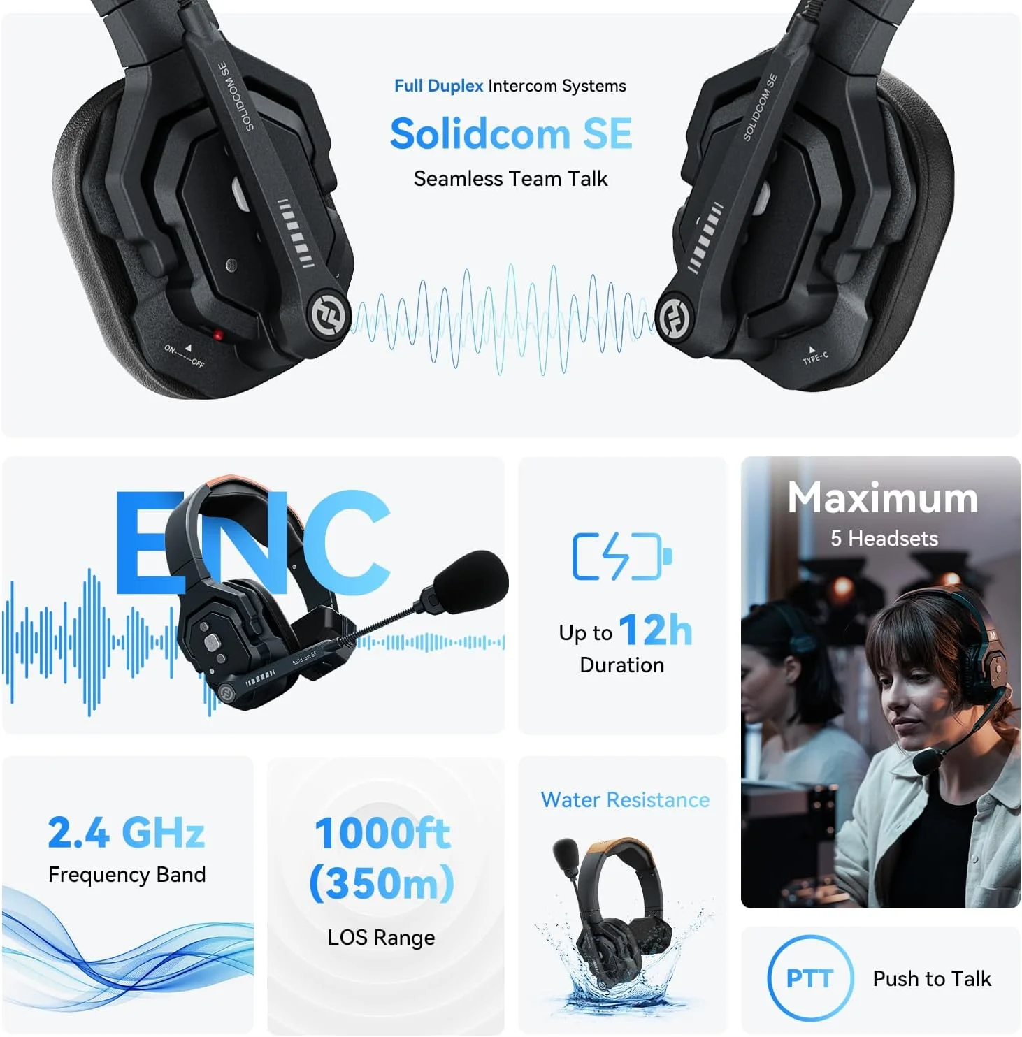 سیستم هدست اینترکام بی سیم Hollyland Solidcom SE Full Duplex با قابلیت حذف نویز ENC برای 5 کاربر، برد 335 متر، ارتباط تیمی با قابلیت PTT Mute، هدست تک گوش برای تولیدات تلویزیونی و فیلم (نسخه 2.4 گیگاهرتز) سیستم هدست اینترکام بی سیم Hollyland Solidcom SE Full Duplex با قابلیت حذف نویز ENC برای 5 کاربر، برد 335 متر، ارتباط تیمی با قابلیت PTT Mute، هدست تک گوش برای تولیدات تلویزیونی و فیلم (نسخه 2.4 گیگاهرتز)